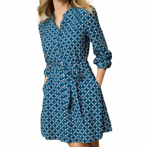 UNTUCKit Virginia Shirt Dress 10 Belted Geometric Print Pockets - Picture 2 of 11